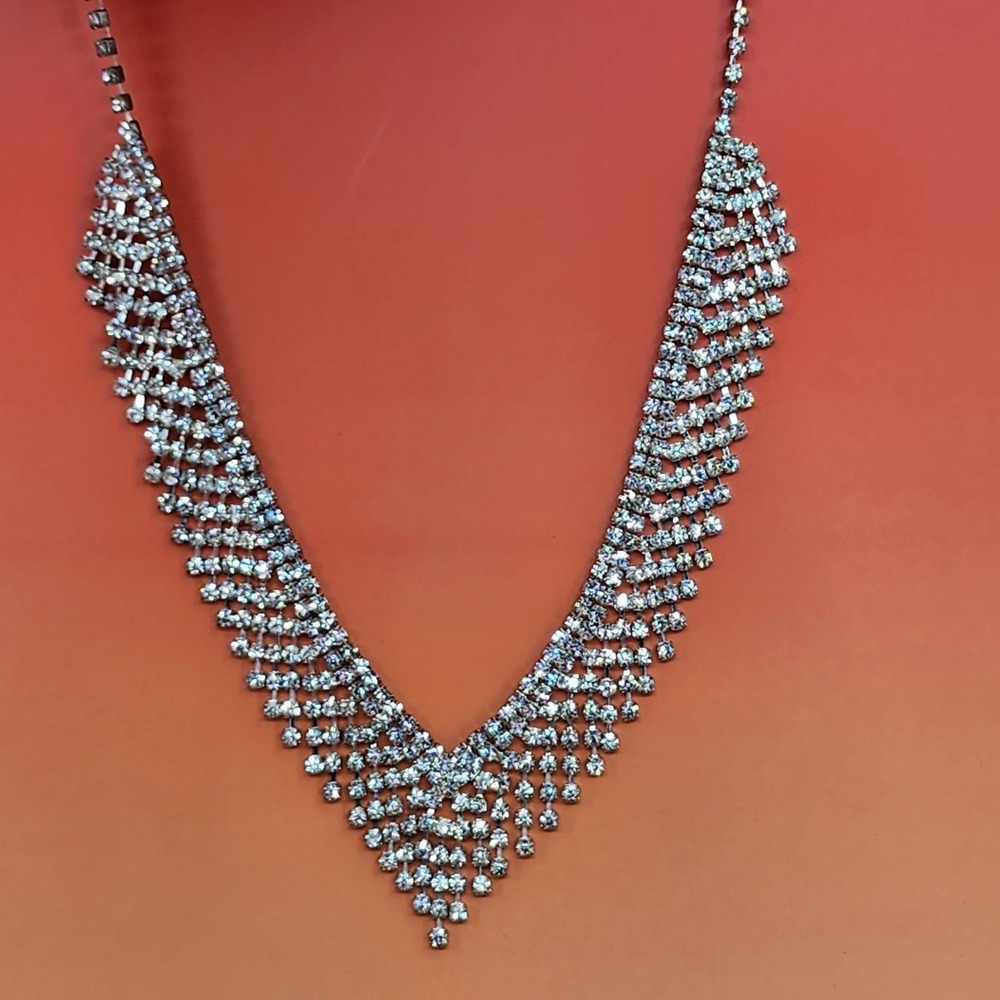 Rhinestone Fringe Bib Necklace Silver Tone Statement Bridal Cocktail Vintage